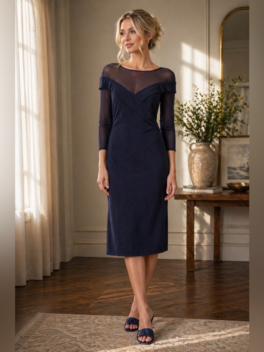 New Laundry by Shelli Segal Mesh Detailed Midi Dress